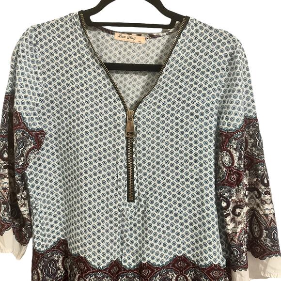 Vintage Pullover Tunic Top Batik Print V-Neck Zipper Blouse Blue Burgundy M/L - Picture 3 of 9